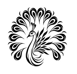 Elegant Black and White Peacock Illustration with Detailed Feathers and Ornamental Design