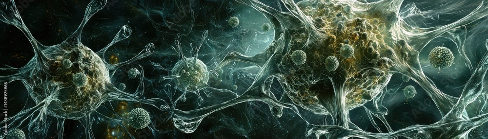 Poster close-up of alien microbes adapting to extreme martian environments showcasing unique structures and