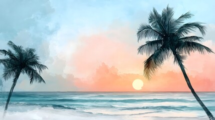 Fototapeta premium Serene Watercolor Scene of Palm Trees at Sunset by the Beach