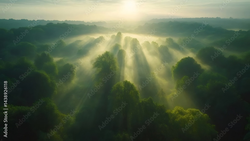 Poster 朝日が差し込む緑豊かな森の風景 太陽光線が木々の間を照らし出す幻想的な情景