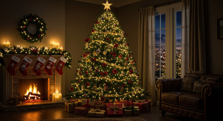 Fototapeta premium Cozy Christmas: Lit Tree, Fireplace, & Gifts in a Festive Home! Holiday Warmth & Joy!