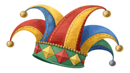 Jester's Cap: A whimsical illustration of a brightly colored jester's cap, adorned with bells and geometric shapes, showcasing the fun and lightheartedness of a festive performance or celebration.