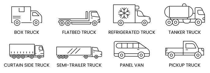 Set of 8 professional delivery truck icons including box truck, flatbed, refrigerated truck, tanker, curtain side, semi-trailer, panel van, and pickup truck for transportation and logistics designs. © Vector Jungle