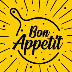 Bon Appetit hand-lettered typography design with skillet outline and radial burst pattern on vibrant yellow background, perfect for food blogs, cooking events, kitchen branding, or cafe promotions