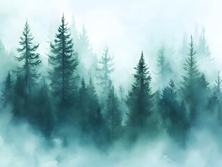 Fototapeta premium Serene Abstract Watercolor Forest with Tall Pine Trees in Fog