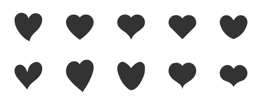 Set of black heart shaped icons featuring various abstract styles, isolated on white background, ideal for romantic graphics, greeting cards, Valentine�s Day themes, and vector illustrations.