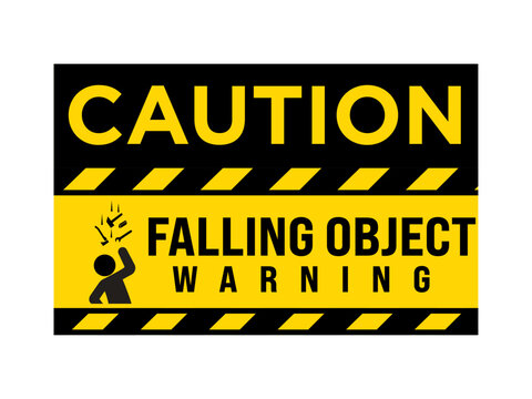 Caution sign warning of falling object hazards, designed for construction sites, warehouses and industrial work zones with bold typography for clear workplace safety communication.