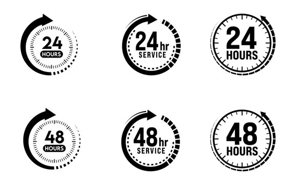 24 hours and 48 hours support service vector icons with circular timer design, black and white round clock elements, delivery time labels, customer support badge, and fast service symbol