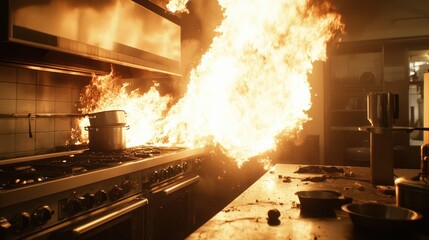 Kitchen fire, flames erupt, stovetop ablaze, restaurant disaster
