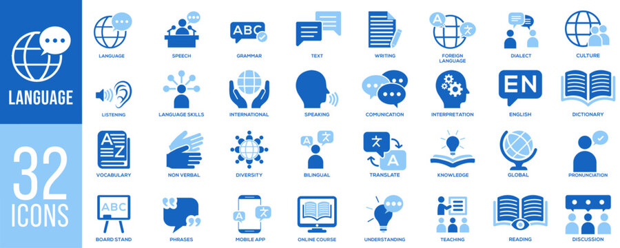 Language learning icons with vocabulary, communication, translation, speech, writing, grammar, mobile apps, international education, and teaching in blue flat vector style for digital use
