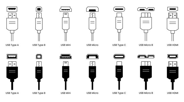 USB and HDMI Icon Set featuring Type A, Type B, Mini, Micro, Type C and Micro B connectors in clean vector format for tech projects, device interfaces and digital presentations