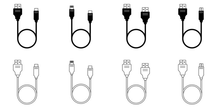 Comprehensive USB and Charging Cable Icon Set featuring vector icons of various connectors, plugs and ports for technology projects, device interfaces and digital presentations