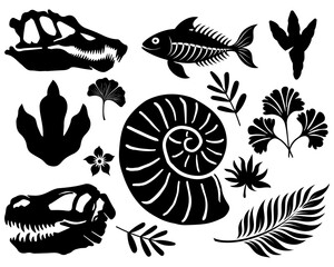 Silhouette vector set of prehistoric fossils including dinosaur skulls, fish skeletons, leaf imprints, and ancient footprints for educational posters, science projects and natural history themes