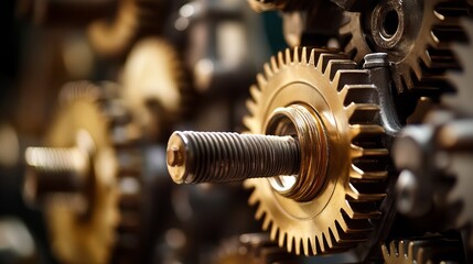 Close up view of intricate golden gears and threaded rods in a complex mechanical system design