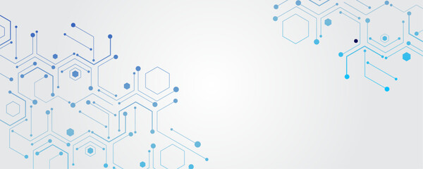 Abstract futuristic technology background with blue hexagons, digital circuit lines, and modern minimal design. High-tech network layout, virtual communication, data flow visualization