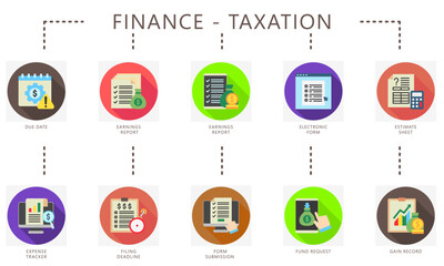Taxation rounded flat color icons set. Contain due date, earning report, estimate sheet, expense tracker, deadline, form, gain and more. Vector for UI, UX kit, digital, print, web and app development.