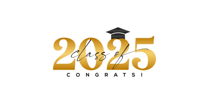 Class of 2025 typography design with graduation cap, golden text, and congratulatory message, perfect for senior graduation events, greeting cards, banners, invitations, social media posts