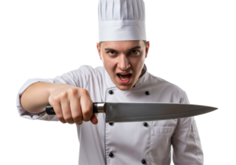 Angry chef holding knife studio shot focused on expression and preparation
