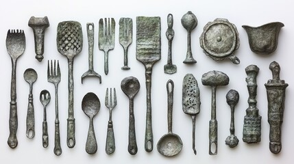 Vintage metal kitchen utensils displayed on a light surface.