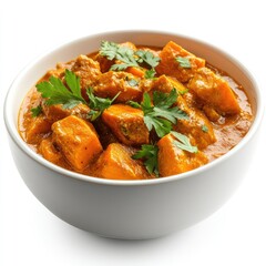 Fototapeta premium Spicy chicken curry with rice, a traditional hot dinner meal with vegetables