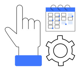 Hand gesturing near calendar with highlighted days and cogwheel symbolizing scheduling, automation, and organization. Ideal for productivity, workflow, planning, scheduling, management, efficiency