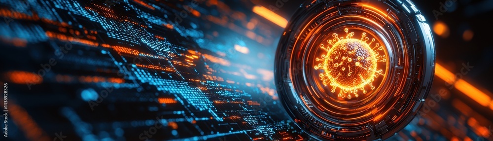 Poster close-up view of a programmable artificial cell with advanced technology and futuristic design in a 