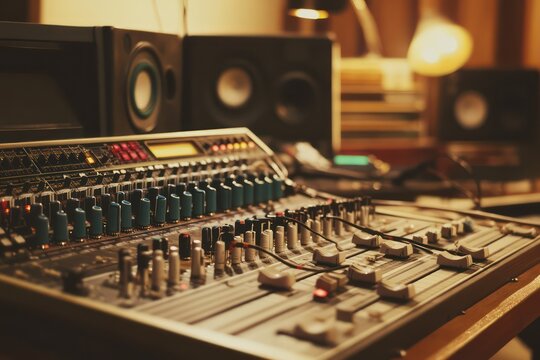 Vintage audio mixing console in recording studio