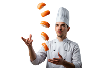 Chef juggling salmon sushi pieces against black background