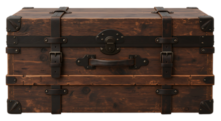 Antique wooden steamer trunk with leather straps evokes vintage travel memories