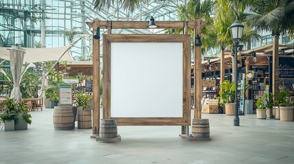 Blank sign outdoors in shopping center. Wooden frame, barrels, plants