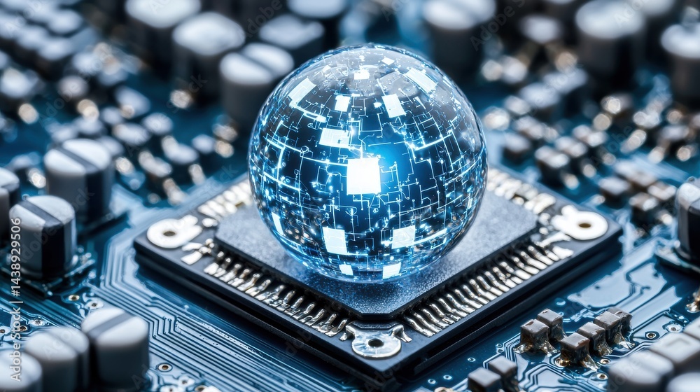 Poster close-up of a single artificial cell designed to mimic advanced technology on a circuit board with c