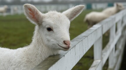 Cute lamb resting against a fence in a green field.