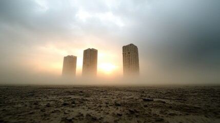 Foggy skyline with buildings at sunset.