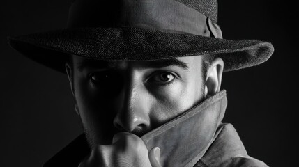 Mysterious man in a hat and trench coat, partially concealed.