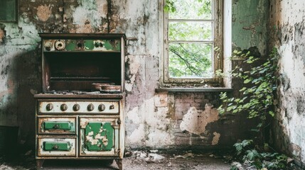 Deteriorated antique stove in an abandoned kitchen.