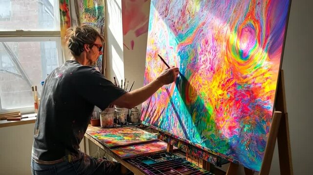 Artist creating vibrant abstract painting at sunlit studio