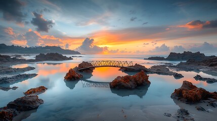 Idyllic sunrise over a bridge and rocks, reflecting in calm waters