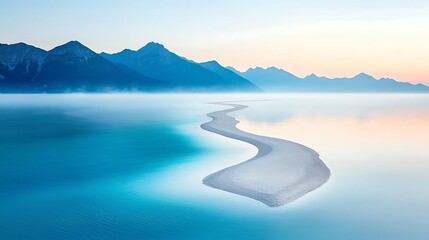 Serene mountain landscape, blue lake with fog and sandbar at dawn
