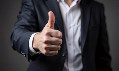 ビジネスマンのスーツ姿が親指を立てて肯定的なジェスチャー グレーの背景で成功と承認のコンセプト