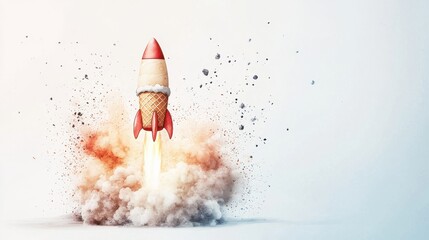 A whimsical illustration of a rocket powered by ice cream, launching amidst clouds of smoke and debris.