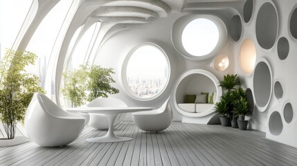Futuristic apartment interior, city view, organic design, relaxing lounge