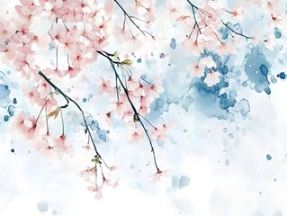 Soft Pink Cherry Blossom Branches in Watercolor Style Art