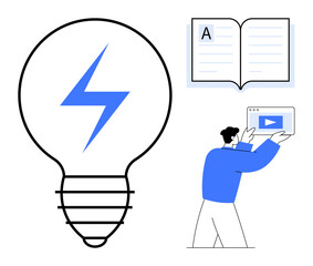 Light bulb with lightning bolt, open book with text, and person holding tablet with video. Ideal for education, creativity, innovation, online learning, technology, brainstorming simple landing page