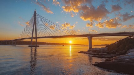 Fototapeta premium Sunset view of a cable-stayed bridge over water.