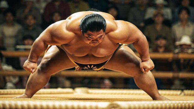 Intense Sumo Wrestler Stares Down Opponent, Poised for Battle in Traditional Arena