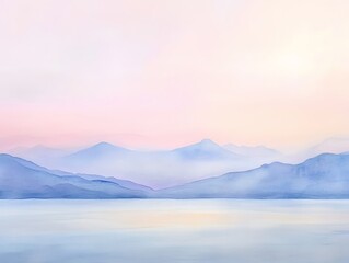 Serene Watercolor Landscape with Soft Pastel Mountains at Dusk