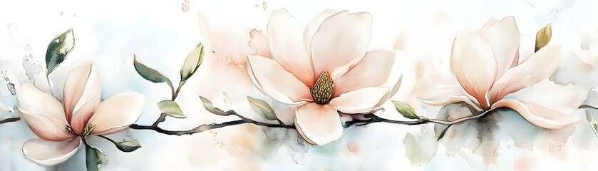 Soft Cream Magnolia Flowers Watercolor Painting Art Print