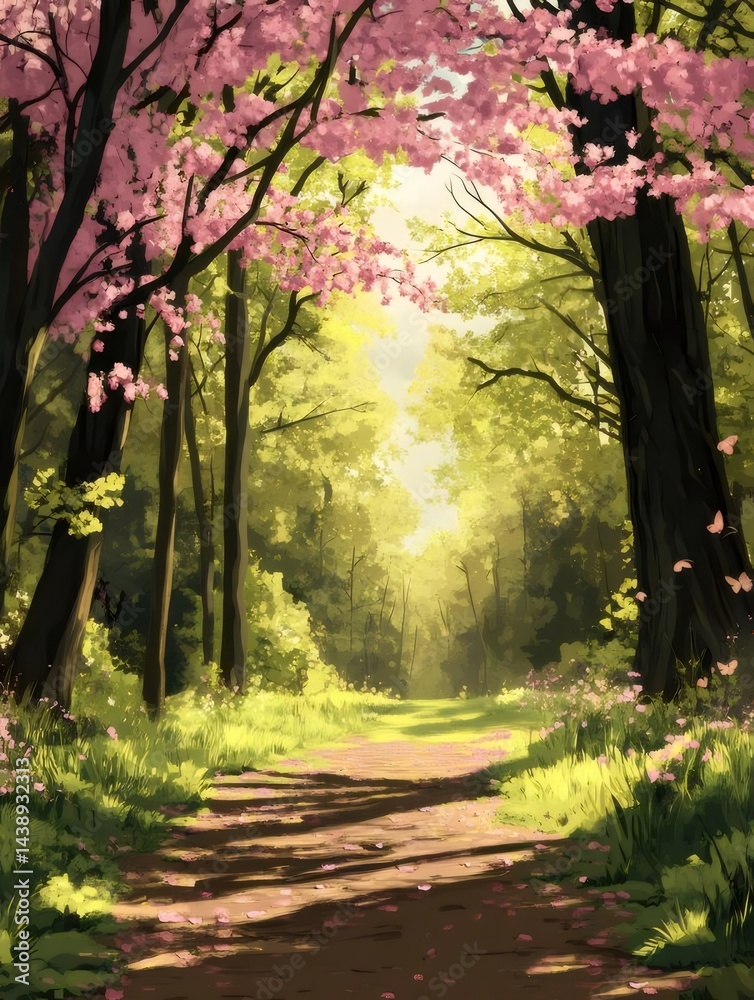 Aufkleber 春の桜並木が彩る森林の中の小道 太陽光が降り注ぐ緑豊かな風景
