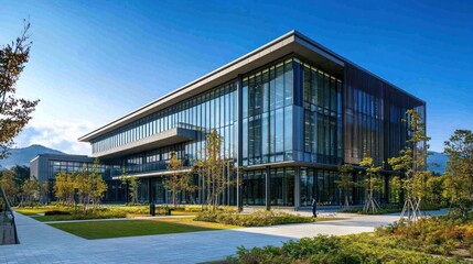 Modern Architectural Masterpiece: Sleek Office Building in Lush Green Landscape
