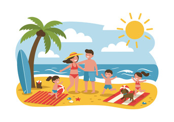A happy family enjoying a fun-filled summer holiday vacation at the beach with surfboards and playful dogs. Flat illustration style with bright and joyful elements